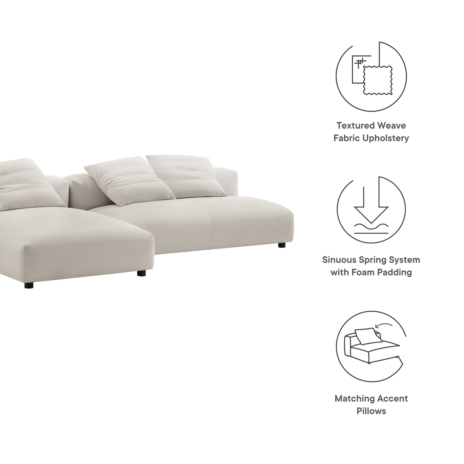 Gray textured-weave fabric upholstery sectional sofa with chaise and matching accent pillows.