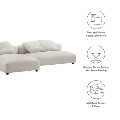Gray textured-weave fabric upholstery sectional sofa with chaise and matching accent pillows.