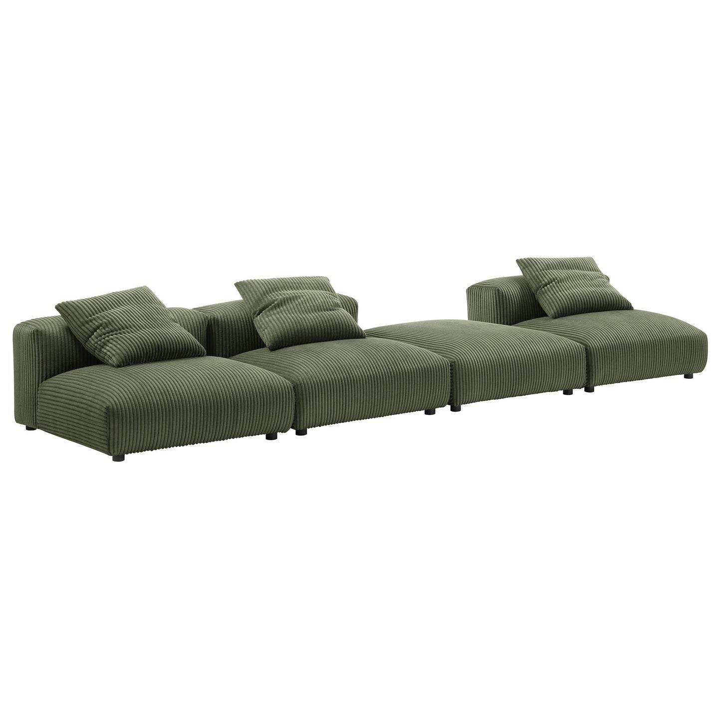 Olive green modular sectional sofa with ribbed fabric, four connected seats and multiple cushions on low legs