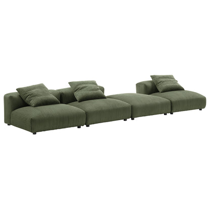Olive green modular sectional sofa with ribbed fabric, four connected seats and multiple cushions on low legs