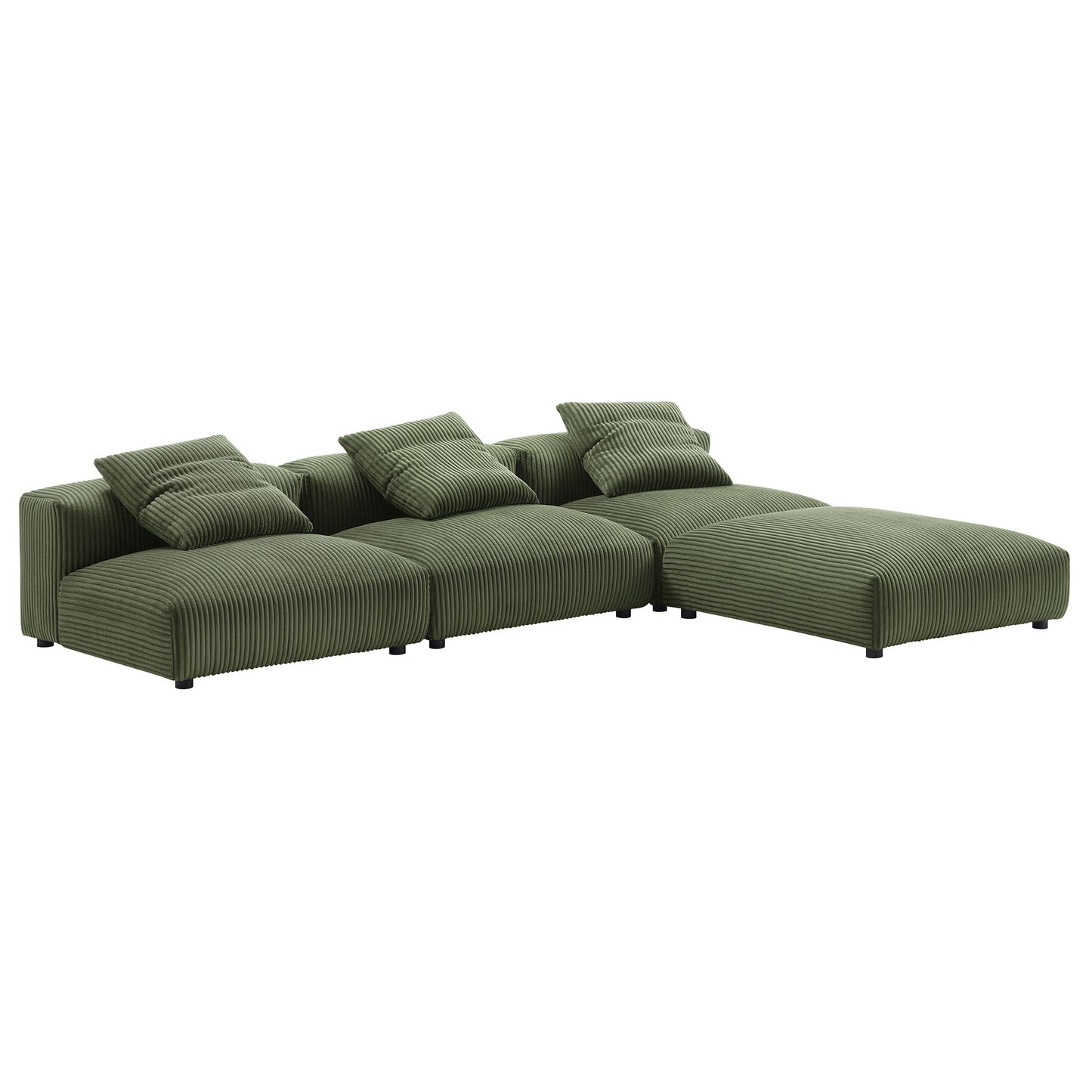 Olive green corduroy modular sectional with chaise, low-profile legs and plush back cushions.