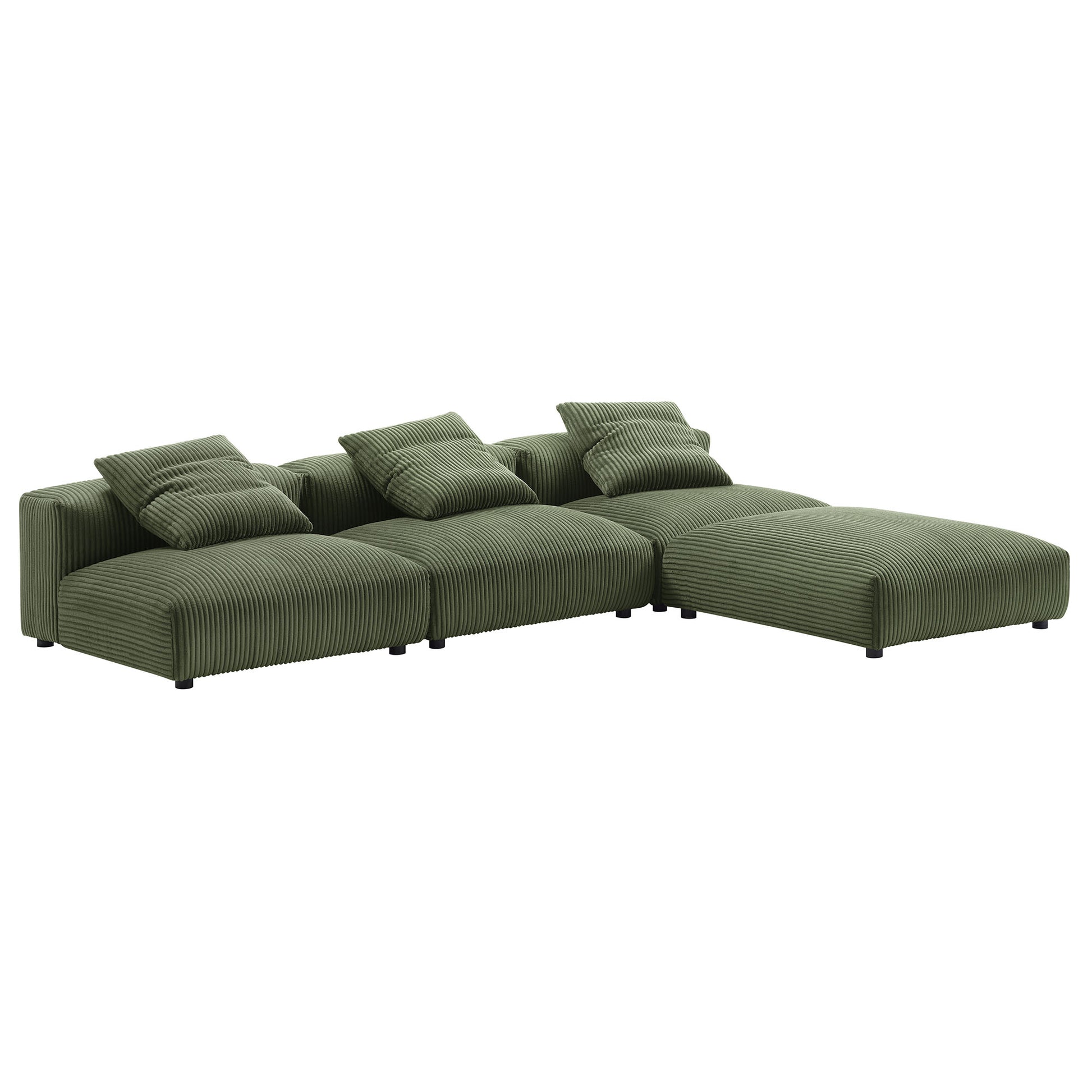 Olive green corduroy modular sectional with chaise, low-profile legs and plush back cushions.