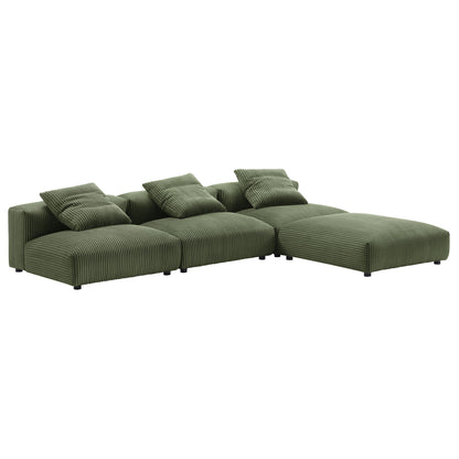 Olive green corduroy modular sectional with chaise, low-profile legs and plush back cushions.