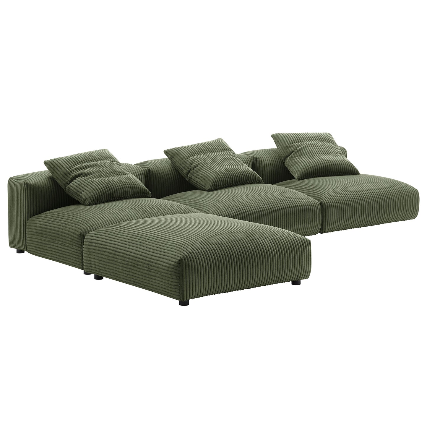 Olive green corduroy sectional sofa with chaise, modular layout, chunky cushions and low black legs.