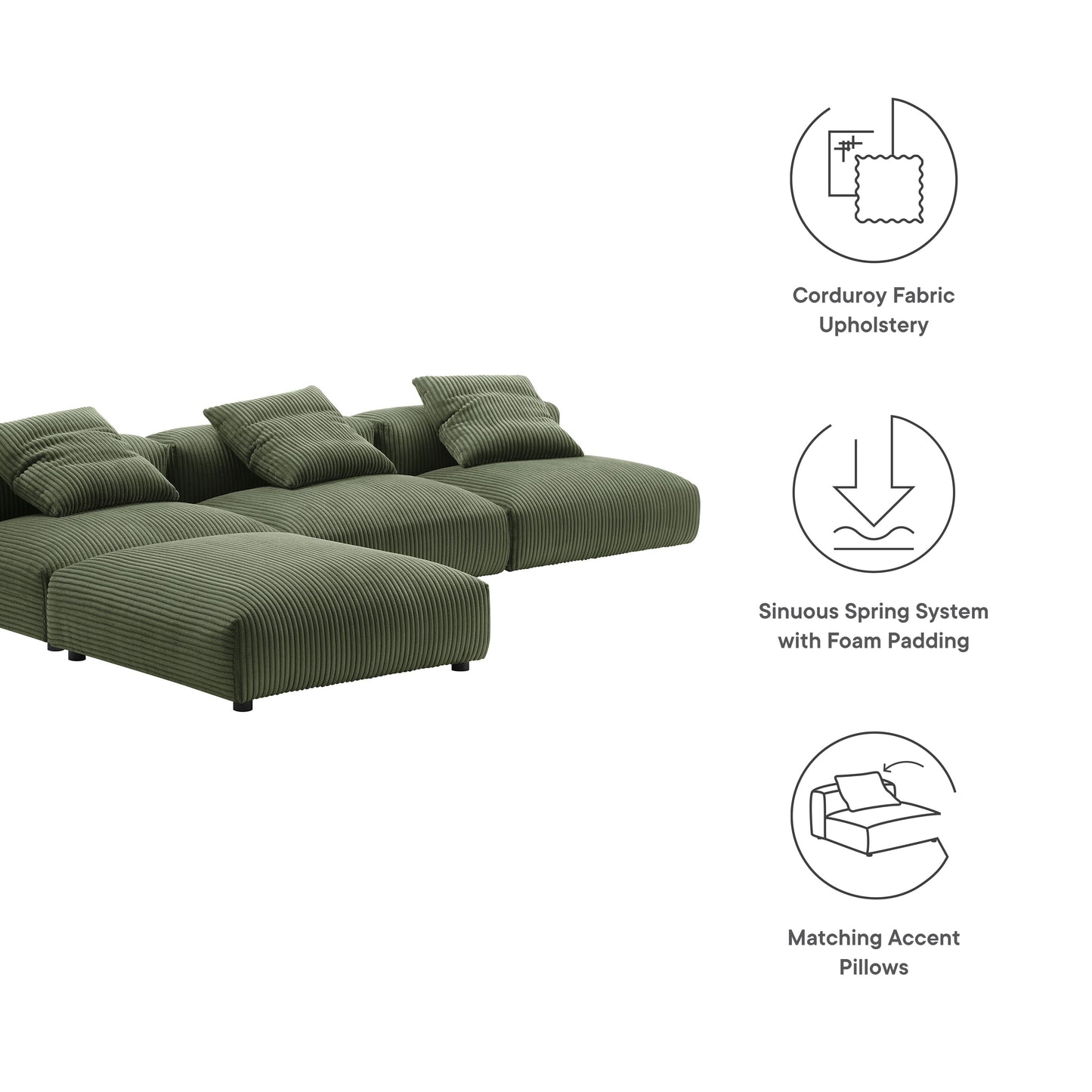 Olive green corduroy sectional sofa with modular sections, foam-padded cushions, and matching accent pillows.