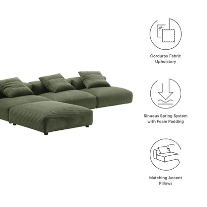 Olive green corduroy sectional sofa with modular sections, foam-padded cushions, and matching accent pillows.