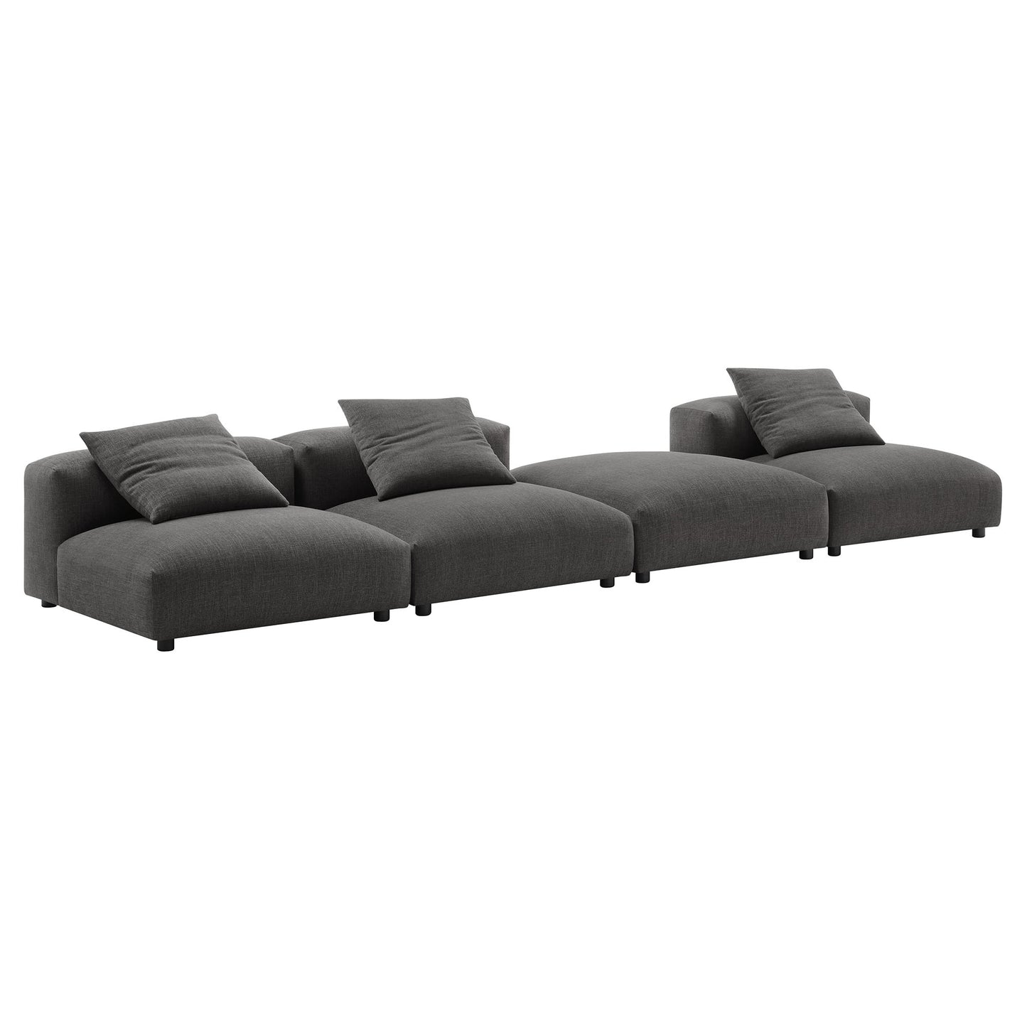Charcoal gray fabric modular sectional sofa with low profile arms and short legs.