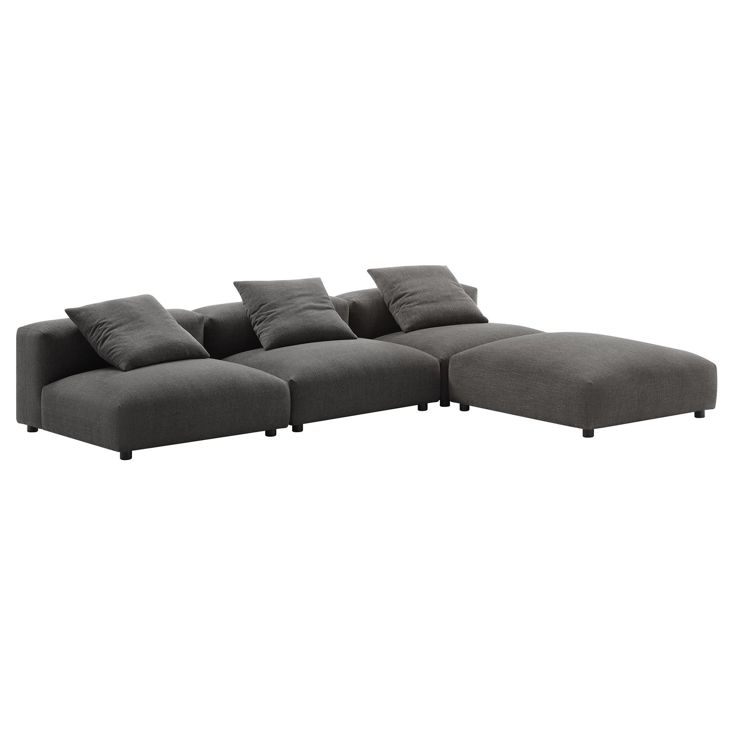 Charcoal gray fabric sectional with chaise, low-profile arms & plush back cushions.