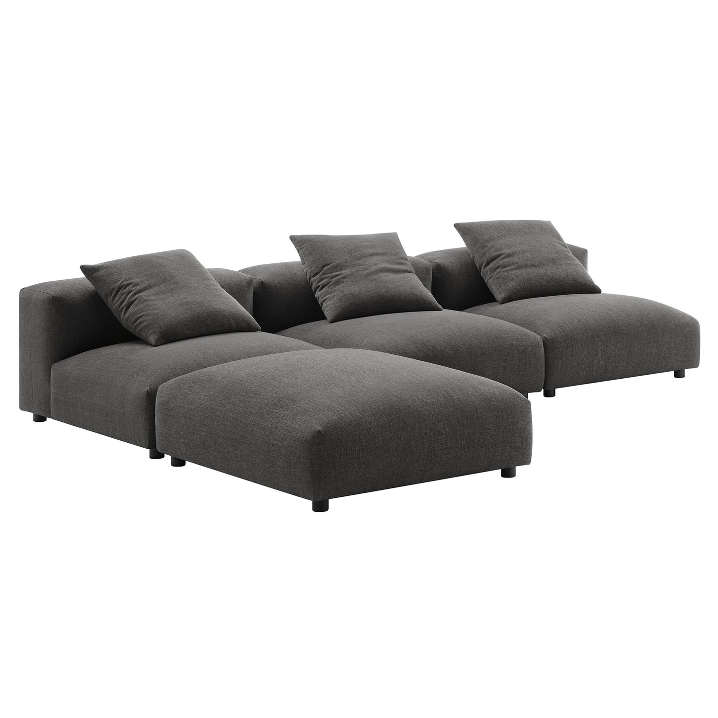 Dark gray fabric modular sectional with chaise on the left, three back cushions, and three matching throw pillows.