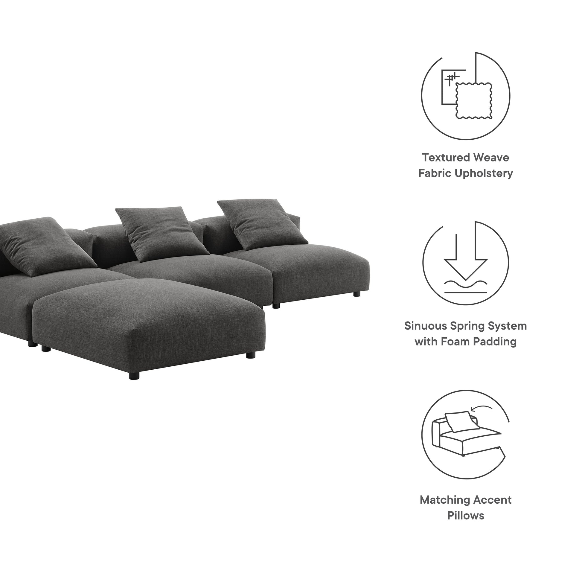 Charcoal gray modular sectional sofa with cushions, textured weave fabric upholstery, and matching accent pillows.
