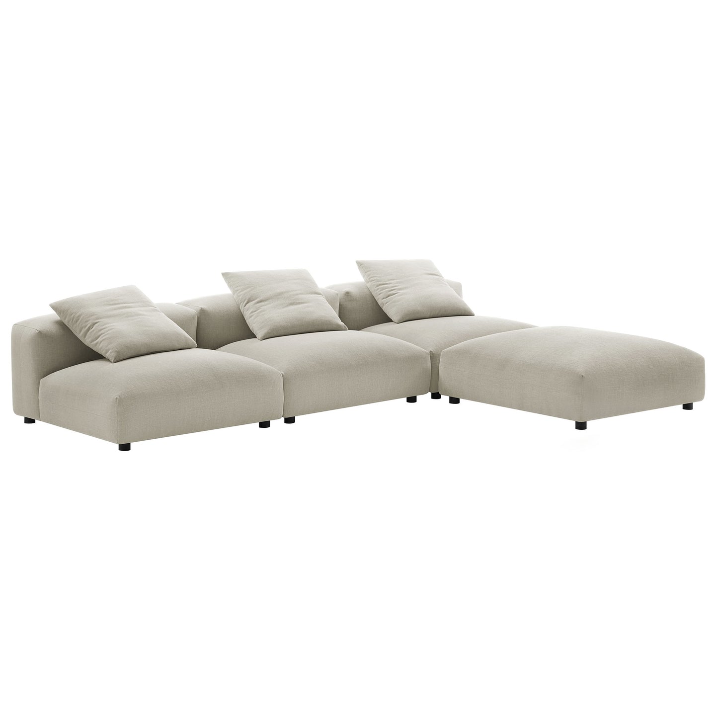 Brown linen-like modular sectional with chaise, low legs, and several cushions.