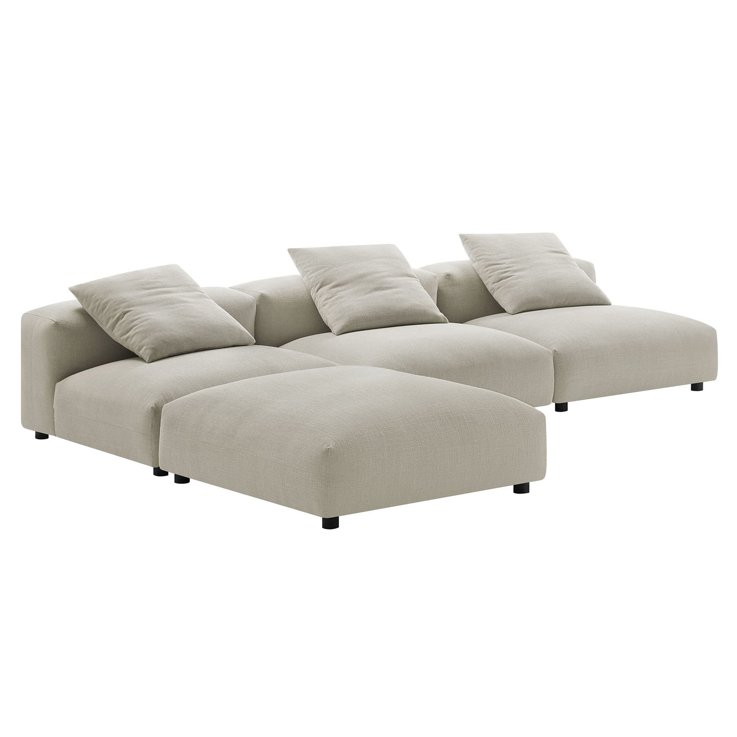Beige linen fabric L-shaped sectional sofa with chaise, three back cushions and low black legs.