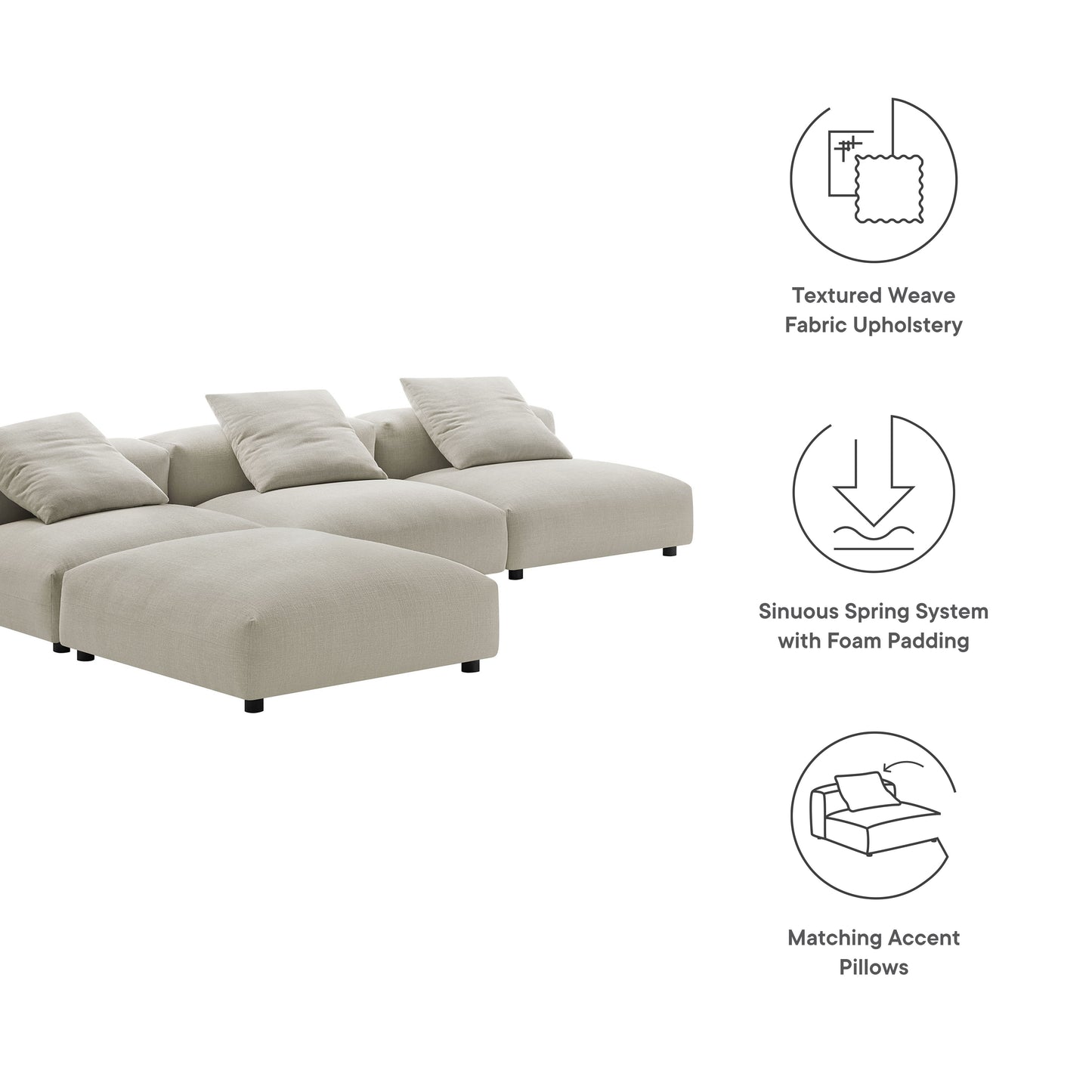 Brown modular sectional sofa with chaise & matching pillows; textured weave fabric, sinuous springs with foam padding.