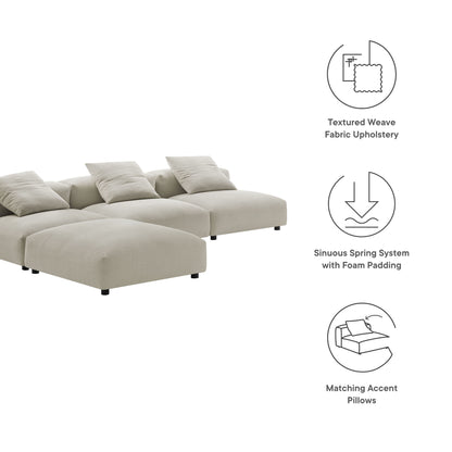Brown modular sectional sofa with chaise & matching pillows; textured weave fabric, sinuous springs with foam padding.