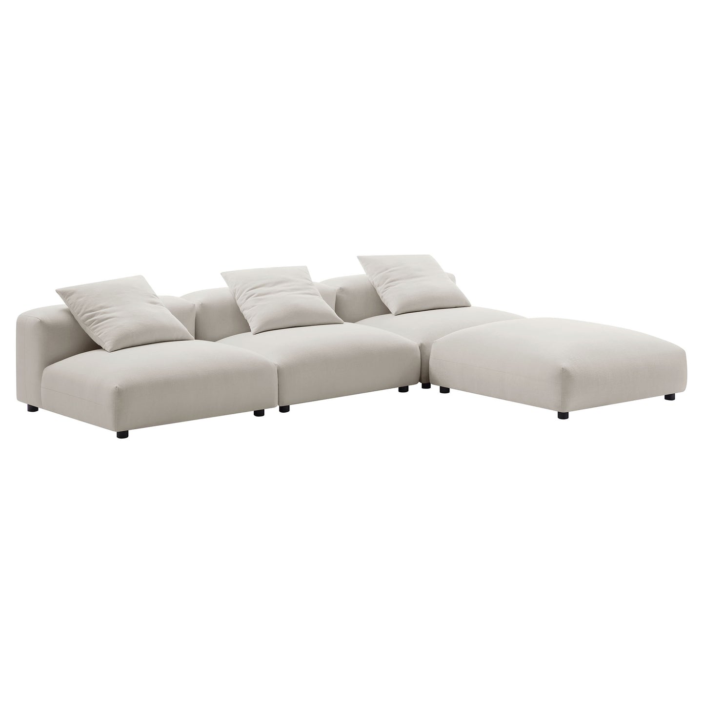 Gray fabric four-piece modular sectional sofa with right-side chaise and matching cushions; modern style.