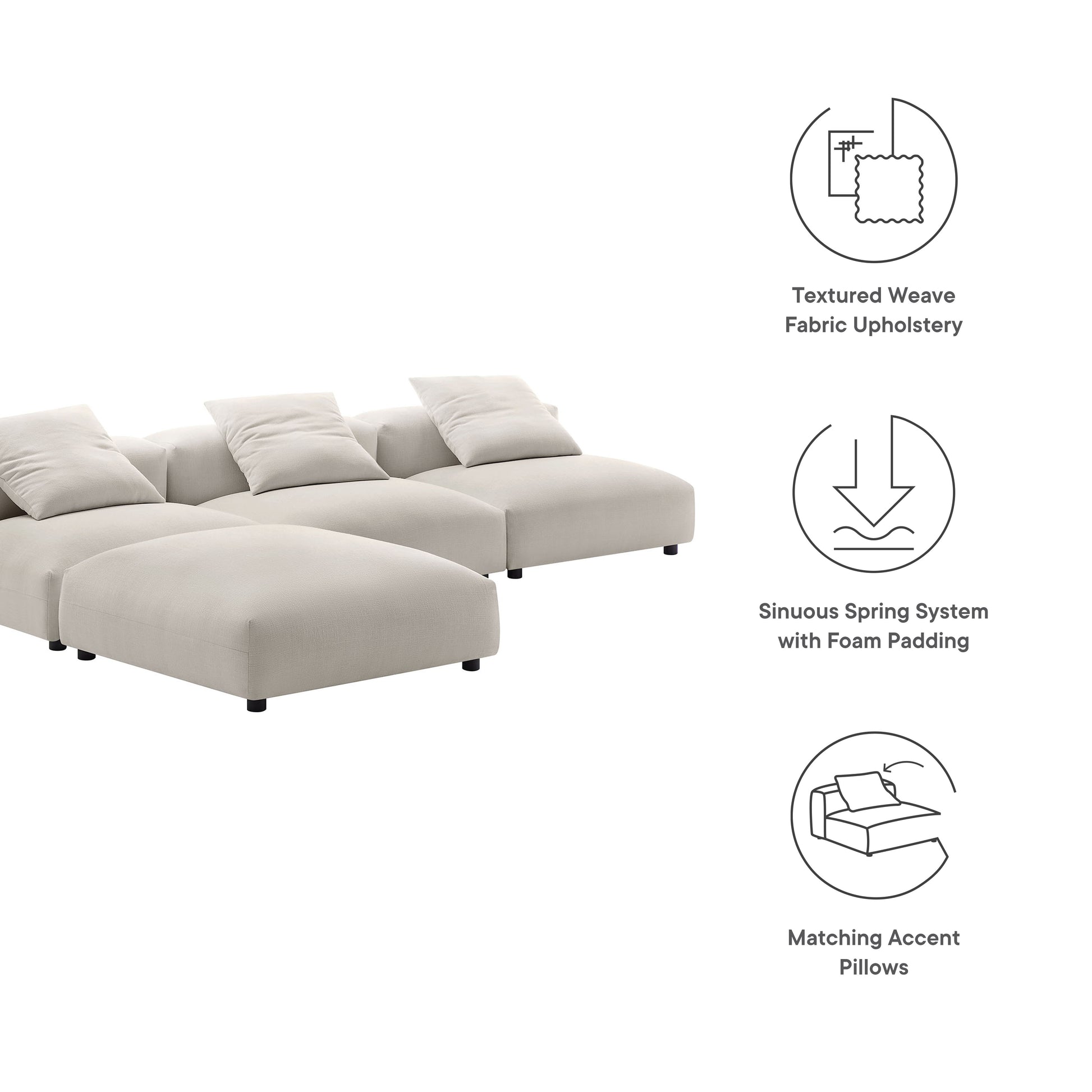 Gray modular sectional sofa with chaise, textured weave upholstery, foam-padded cushions, & matching accent pillows.
