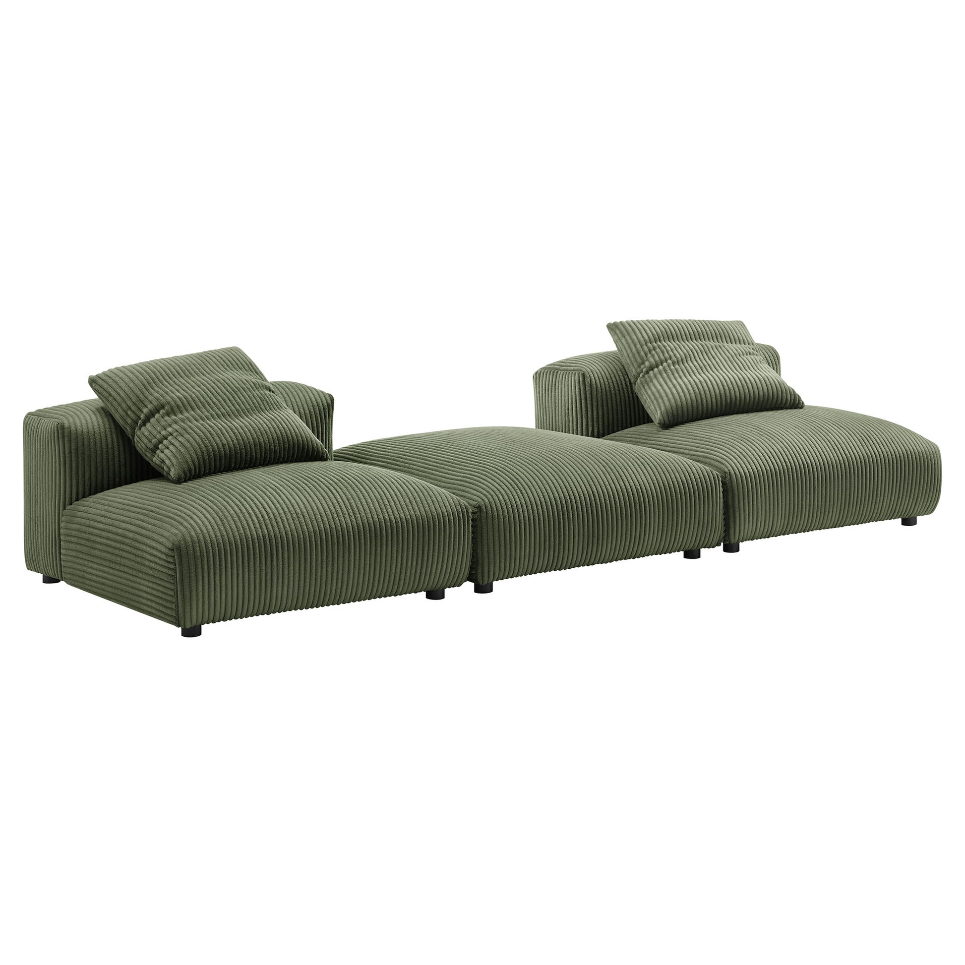 Fern-green corduroy modular sectional sofa, three connected seats with matching throw pillows and low-profile legs.