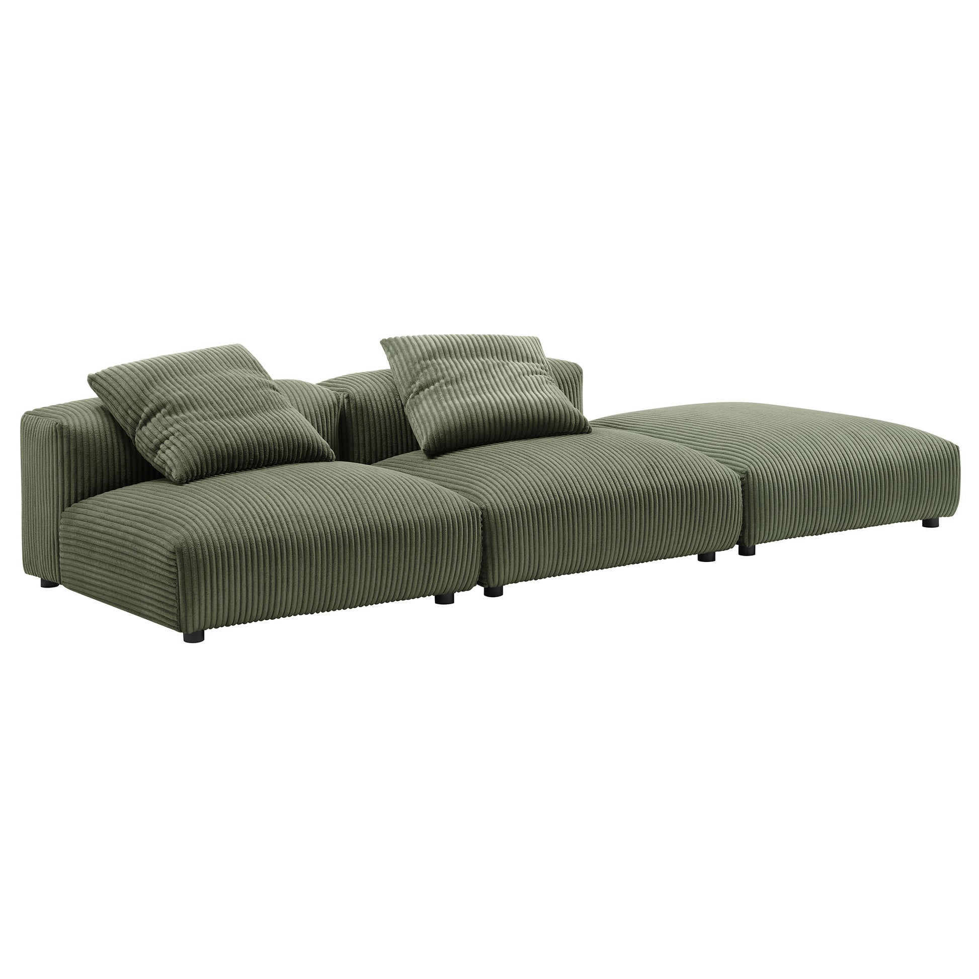 Olive green corduroy 3-piece modular sectional sofa with chaise, matching cushions and low black legs.