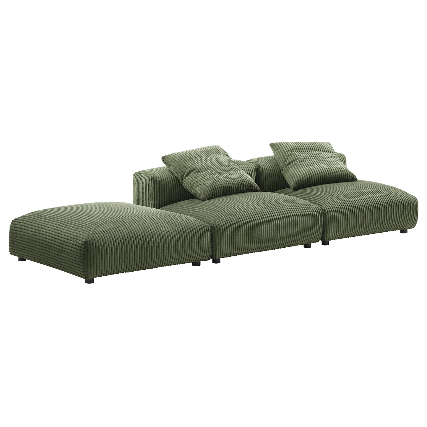 Forest green modular sectional sofa with corduroy texture, left chaise, three-seat layout, with two throw pillows.