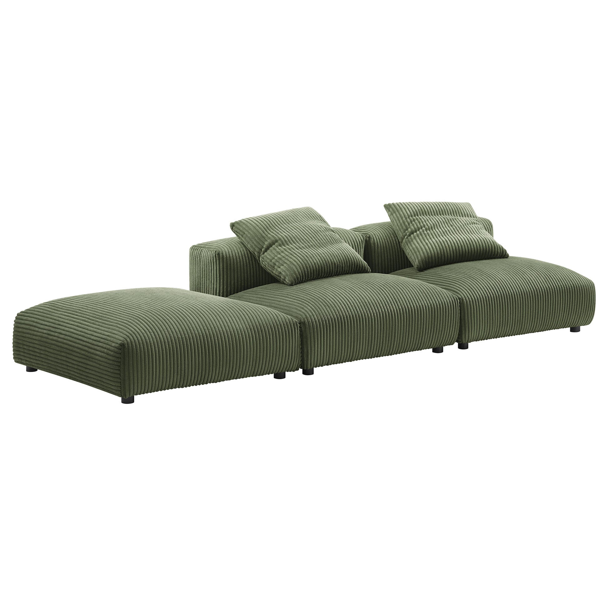 Forest green modular sectional sofa with corduroy texture, left chaise, three-seat layout, with two throw pillows.