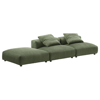 Forest green modular sectional sofa with corduroy texture, left chaise, three-seat layout, with two throw pillows.