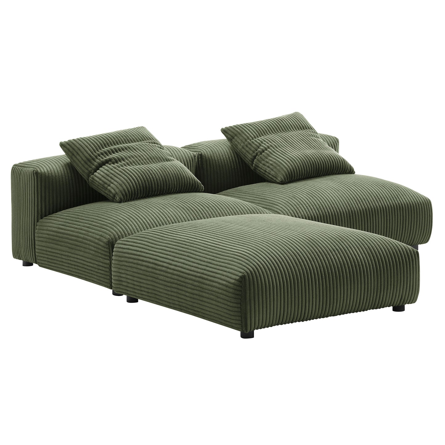 Olive green corduroy modular sectional sofa with chaise, ribbed texture, two back cushions, low black legs.