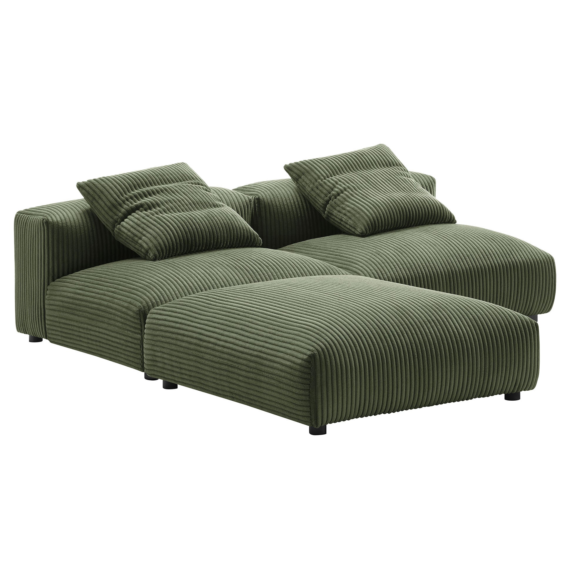 Olive green corduroy modular sectional sofa with chaise, ribbed texture, two back cushions, low black legs.