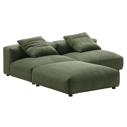 Olive green corduroy modular sectional sofa with chaise, ribbed texture, two back cushions, low black legs.