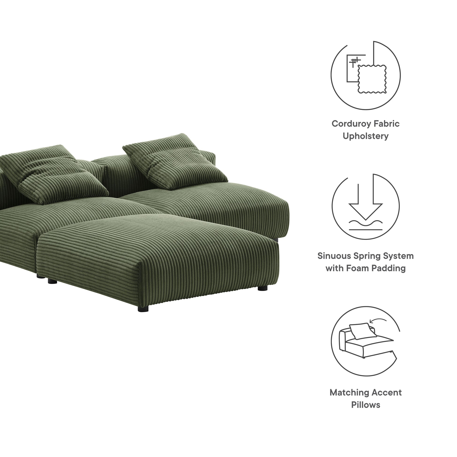 Green corduroy upholstered modular sectional sofa (3-piece) with foam-padded cushions.