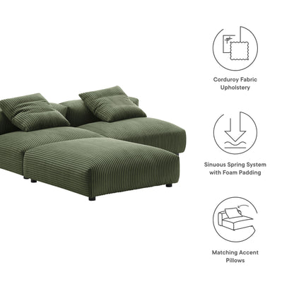 Green corduroy upholstered modular sectional sofa (3-piece) with foam-padded cushions.