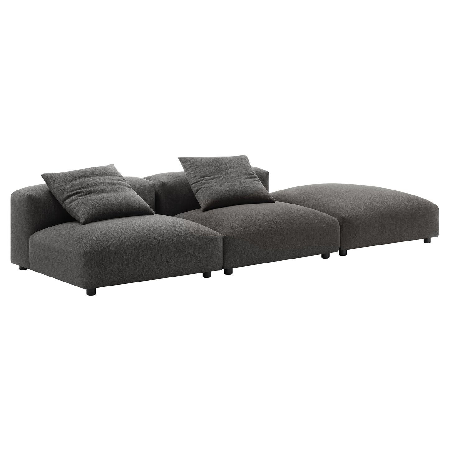 Charcoal gray fabric modular sectional with chaise on the right; low-profile, square cushions, contemporary style.