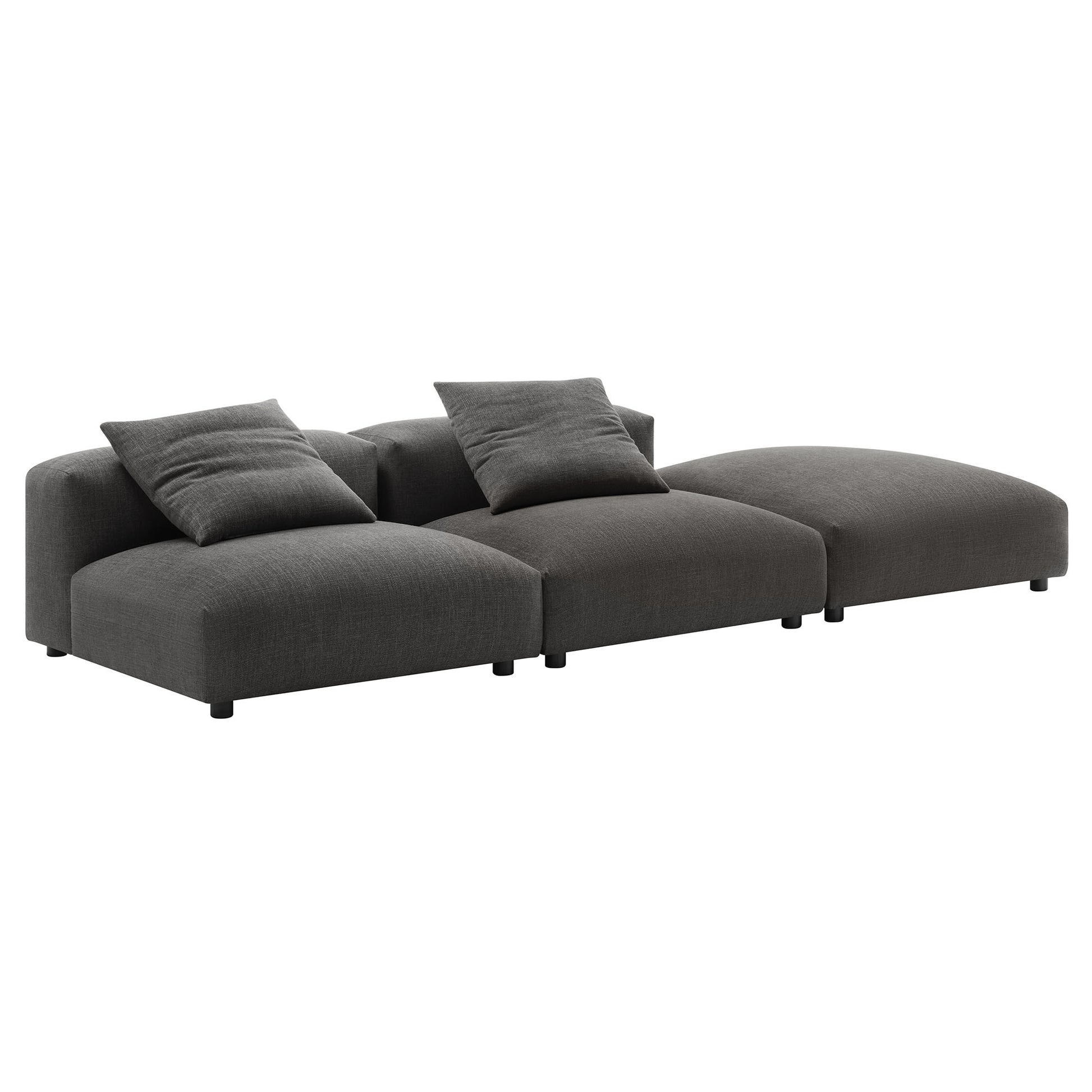 Charcoal gray fabric modular sectional with chaise on the right; low-profile, square cushions, contemporary style.