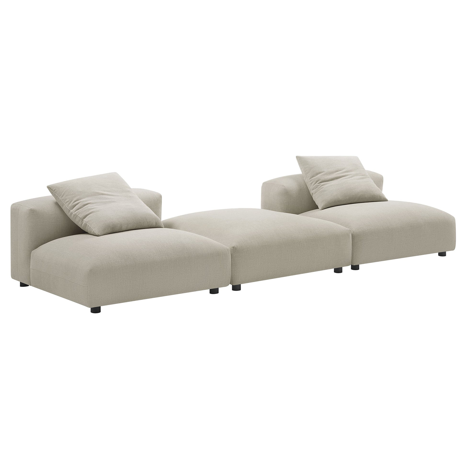Brown linen-style modular sectional with three connected seats, cushioned arms, and two matching throw pillows.