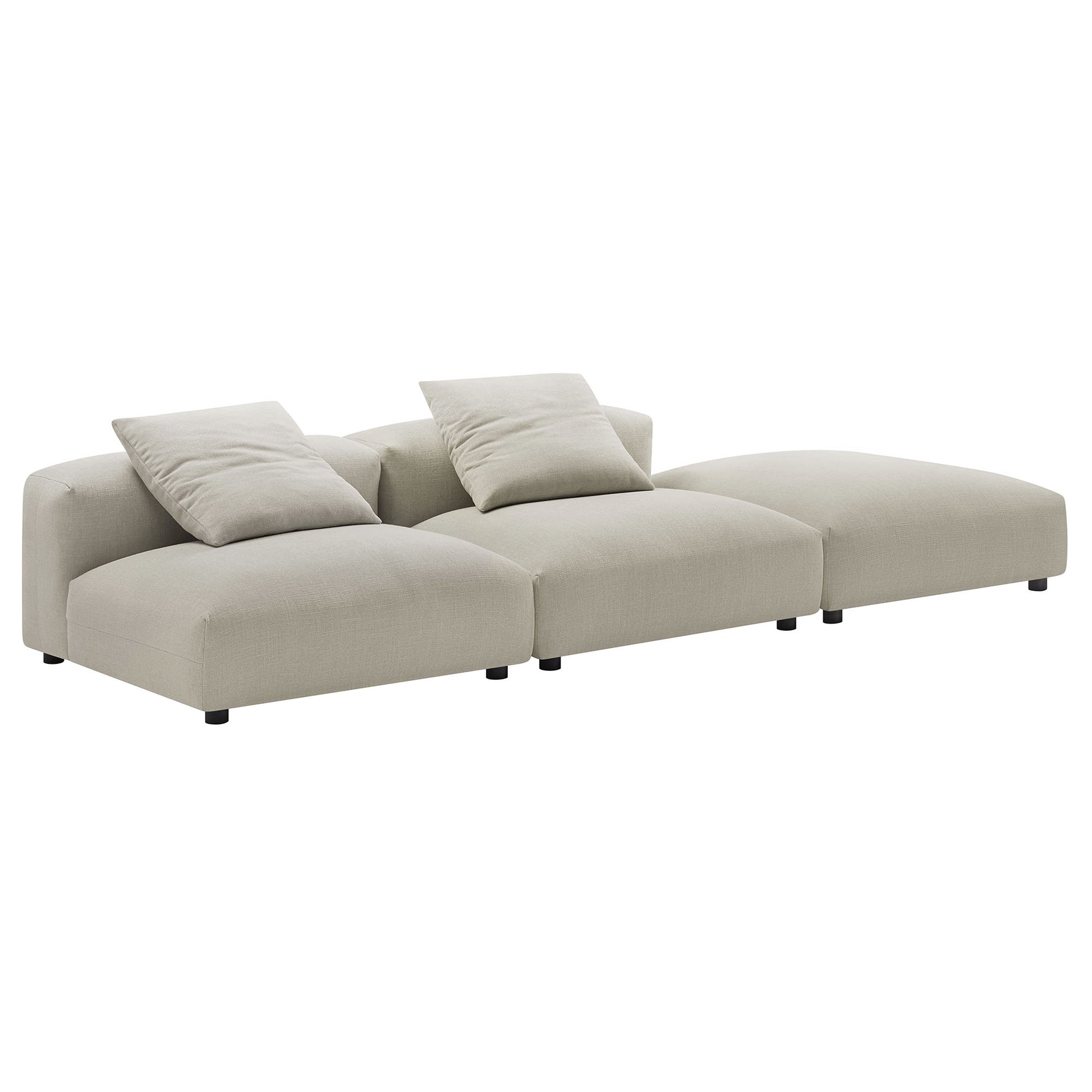 Brown fabric modular sectional with three connected seats and a chaise, low profile, two throw pillows, black short legs