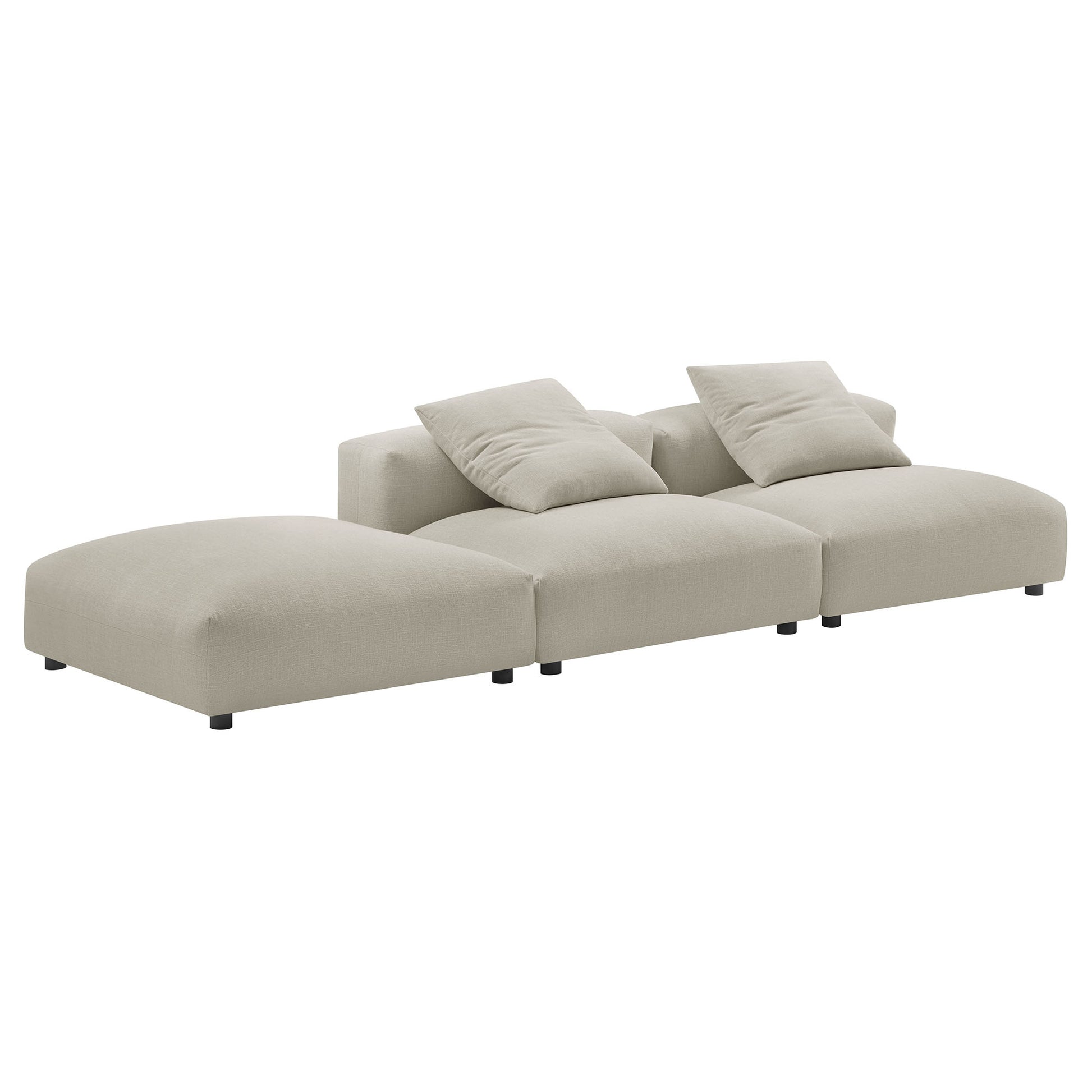 Brown linen-style modular sectional sofa with left chaise, low-profile legs, and two back cushions.