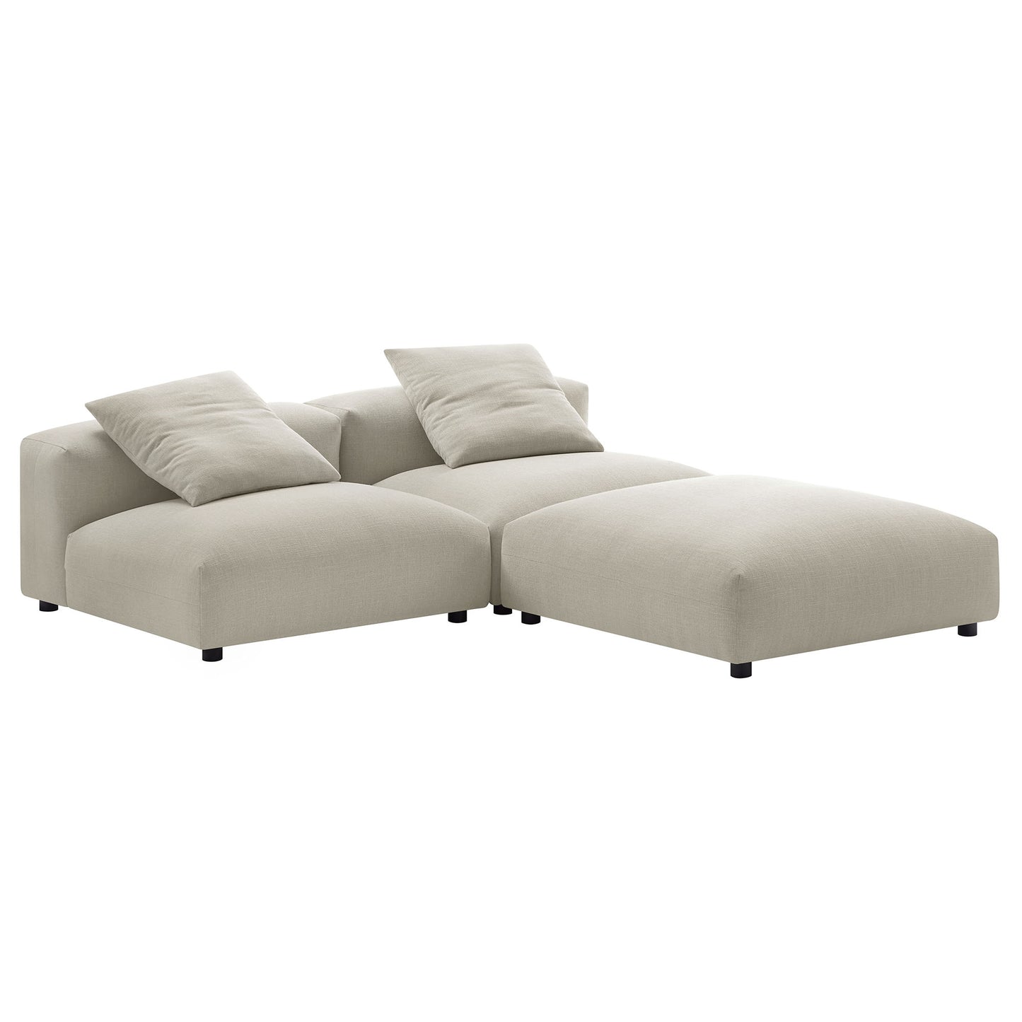 Brown fabric 3-piece modular sectional with chaise, two back cushions, low black legs.
