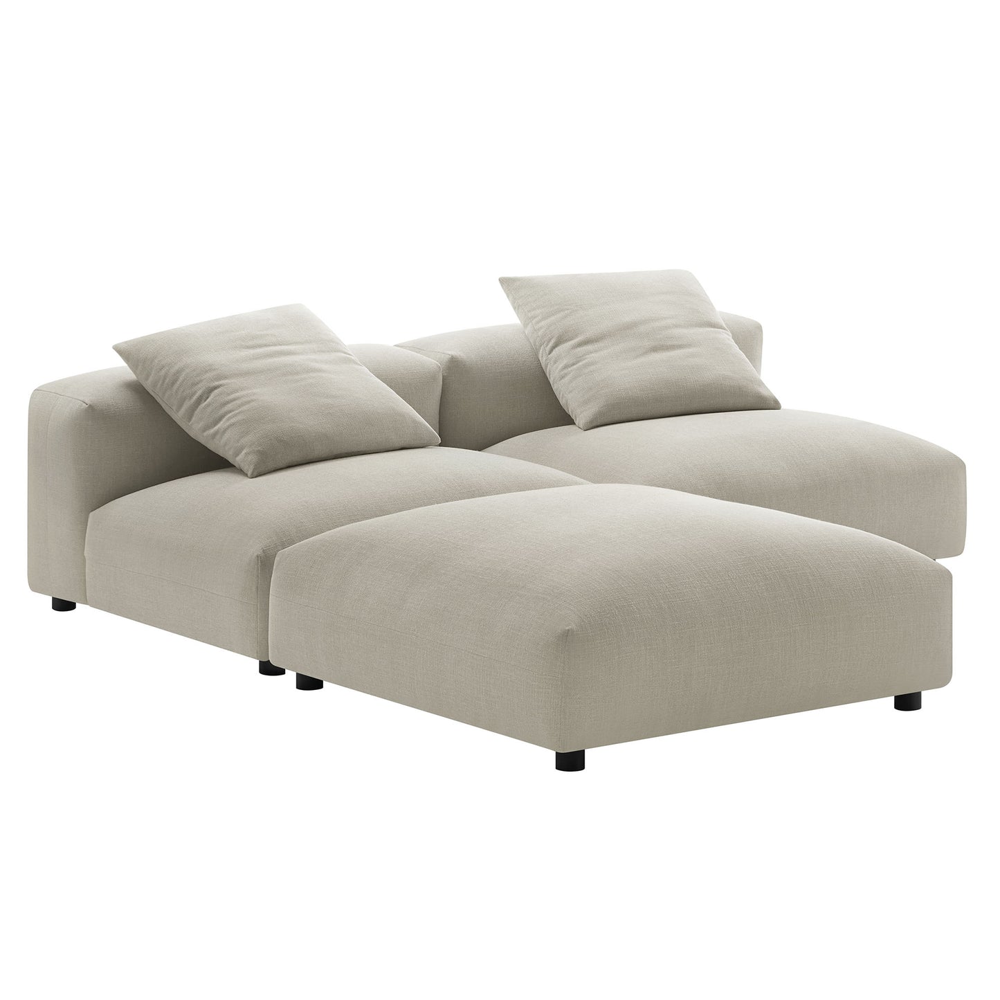 Brown fabric sectional sofa with chaise and low-profile black legs, two matching throw pillows.