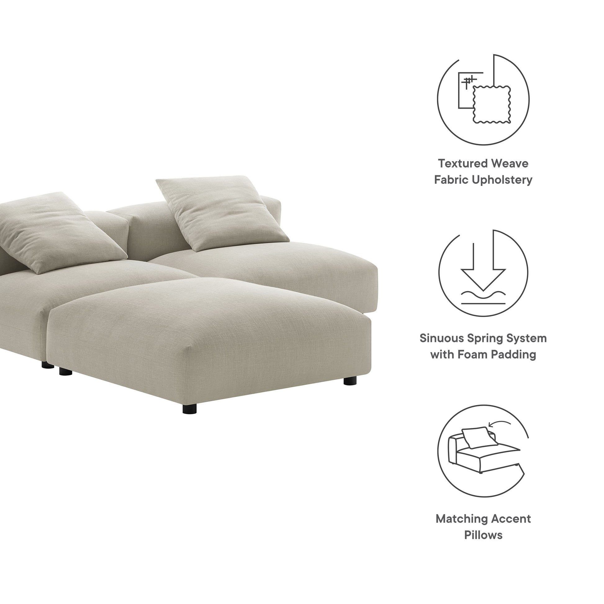 Brown textured weave fabric sectional with chaise and plush cushions, matching accent pillows.