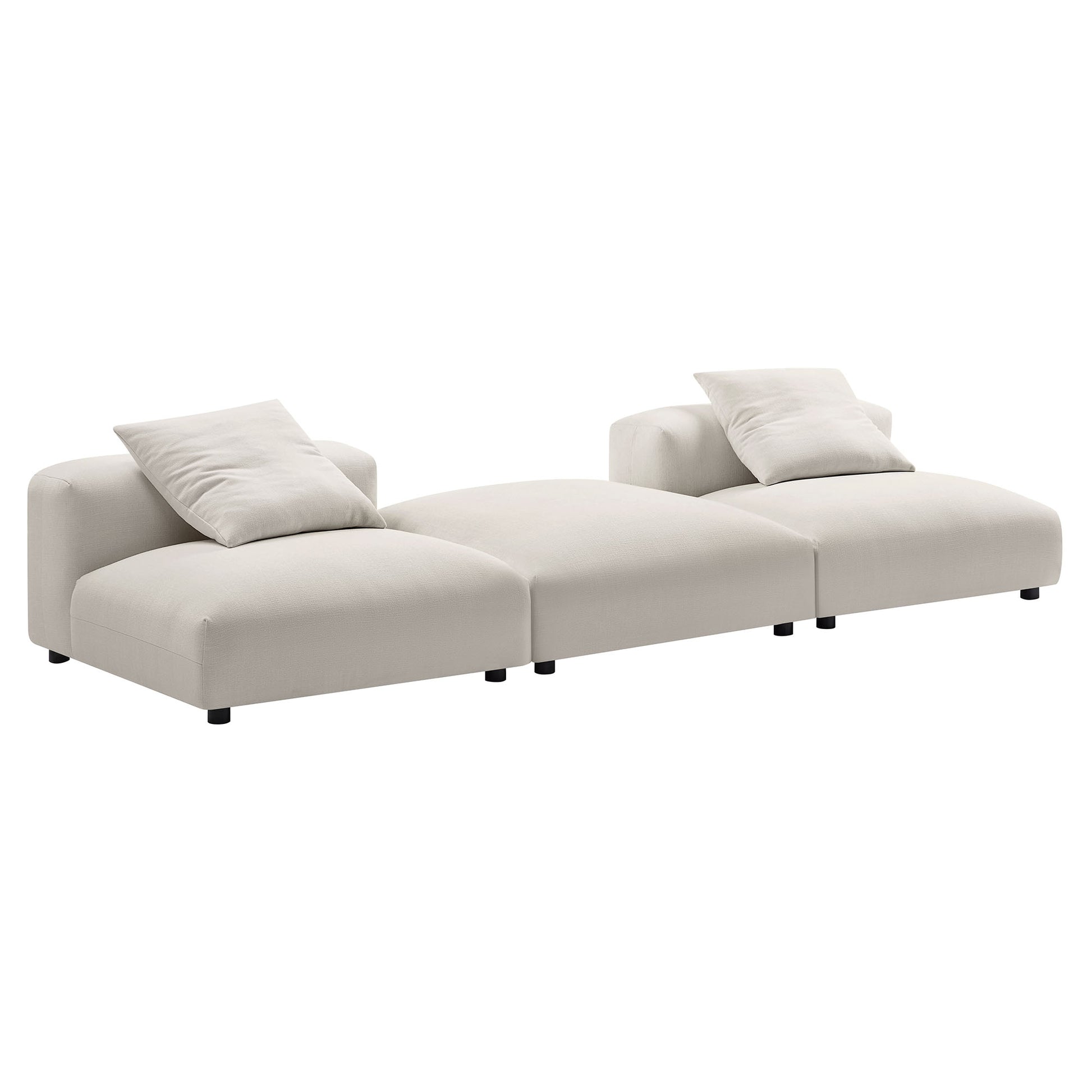 Brown fabric modular sectional sofa with three connected seats, two back cushions, and low black legs.