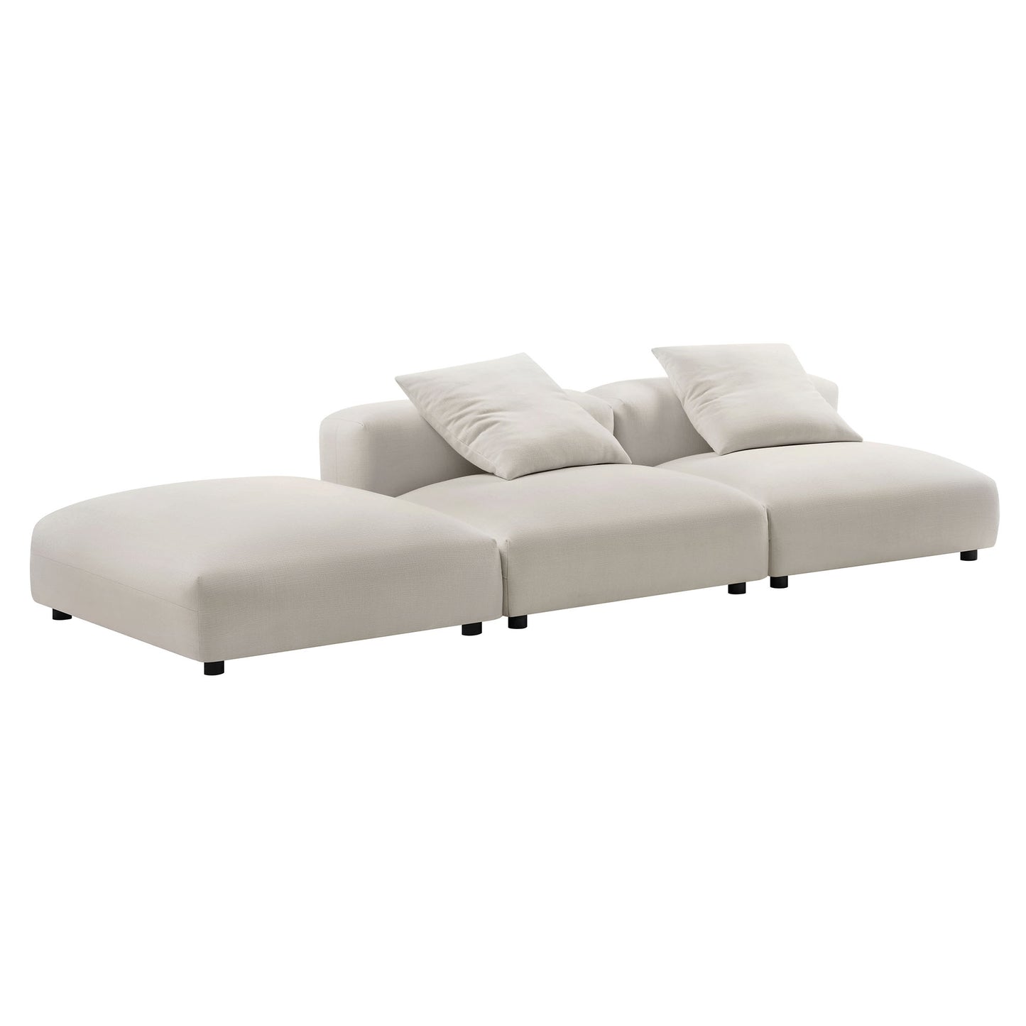 Brown fabric modular sectional with chaise on the left, three-seat modules, two back cushions, and low black legs.