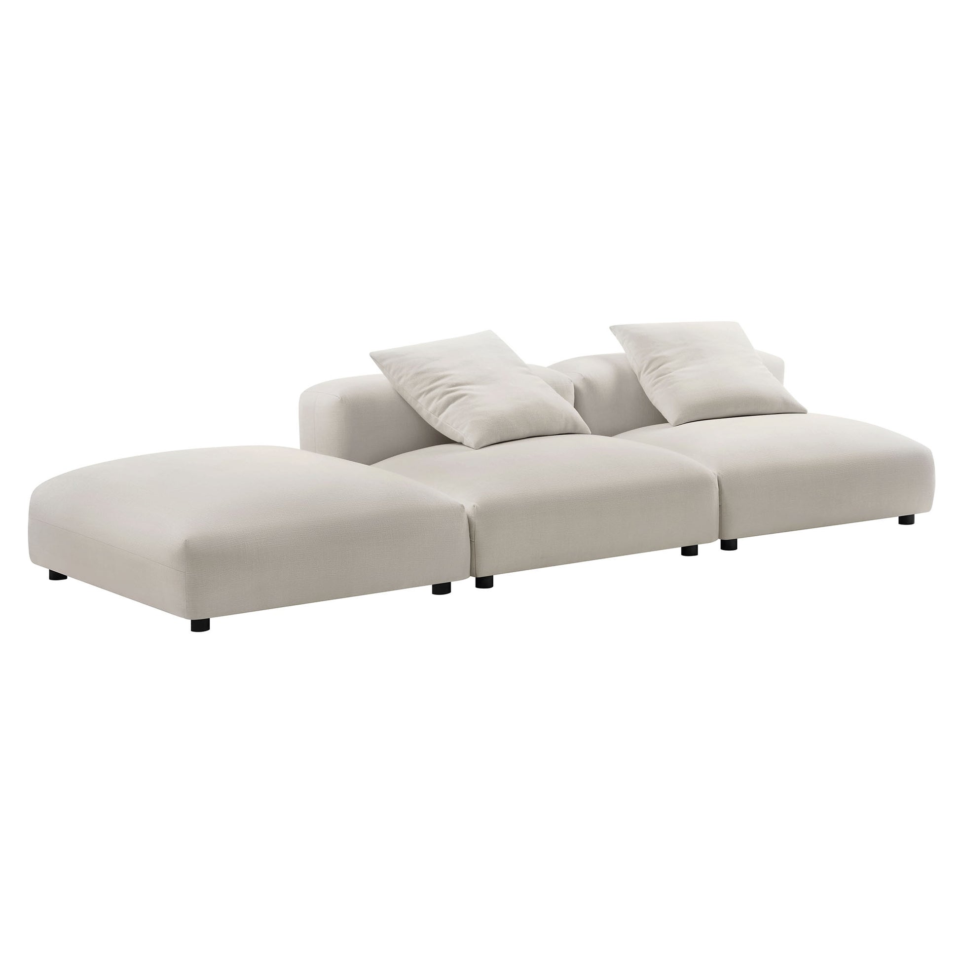 Brown fabric modular sectional with chaise on the left, three-seat modules, two back cushions, and low black legs.