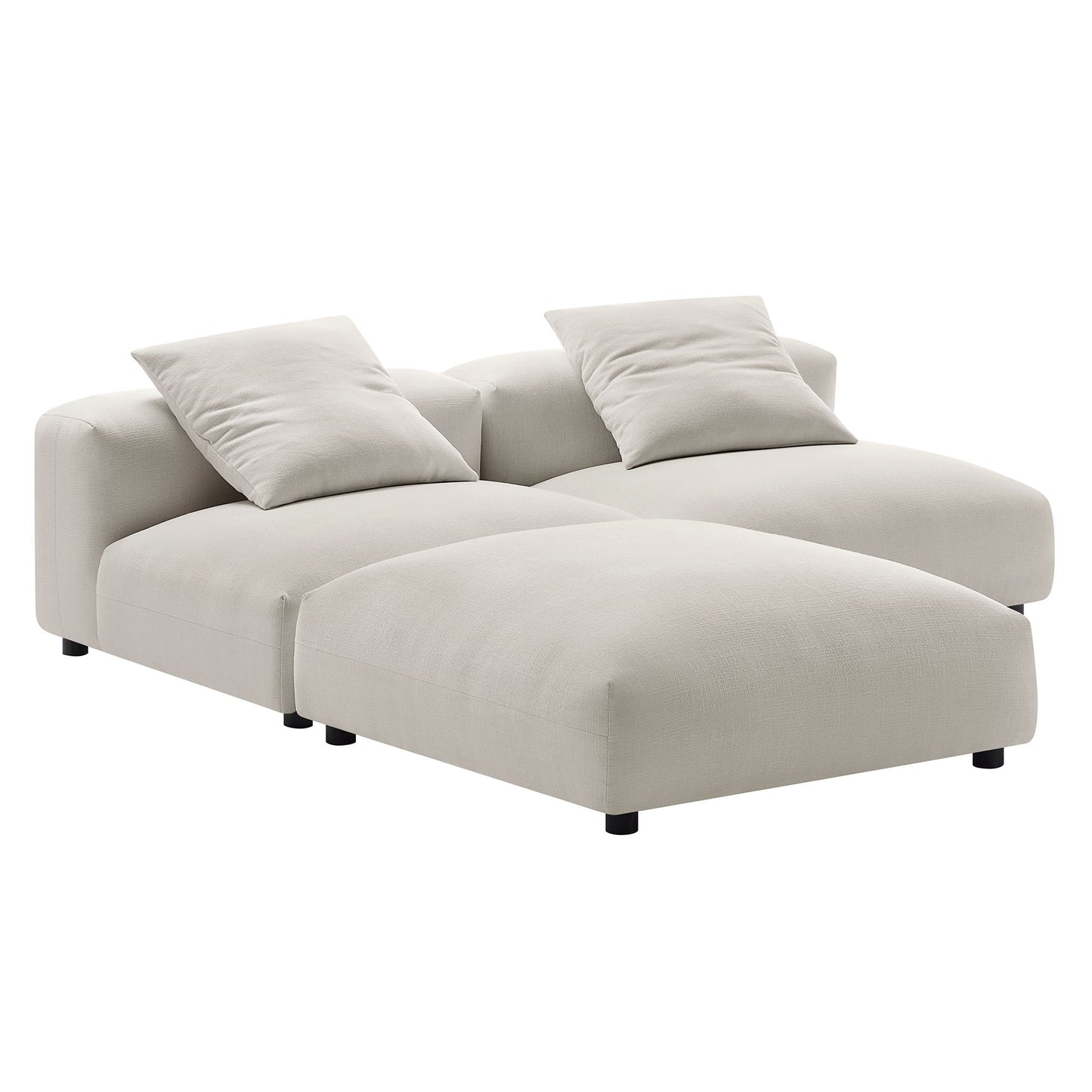 Brown L-shaped sectional sofa with chaise, soft fabric, low-profile arms, two back cushions and two throw pillows.