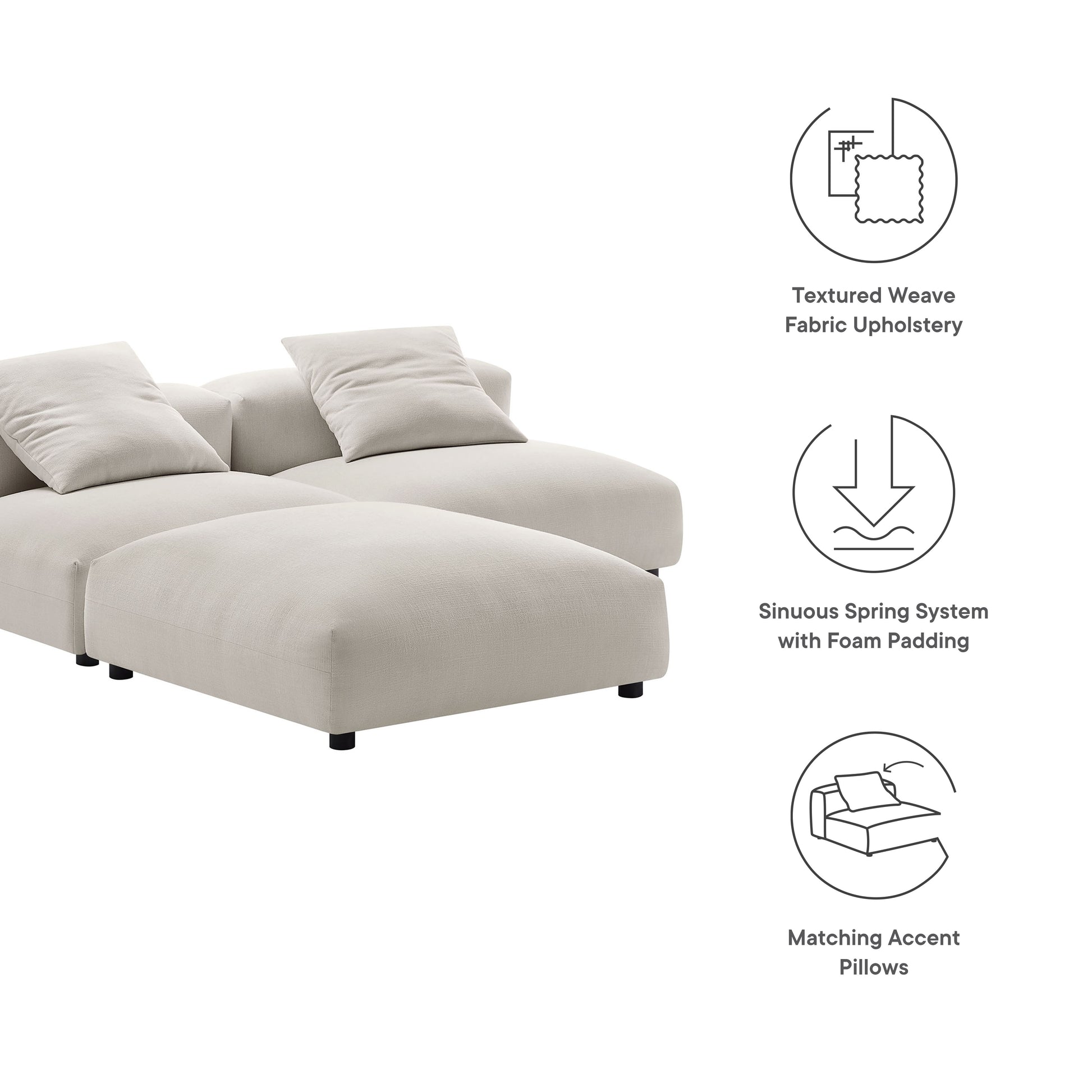 Brown sectional sofa with chaise, textured weave fabric, two matching accent pillows, modern low-profile legs.