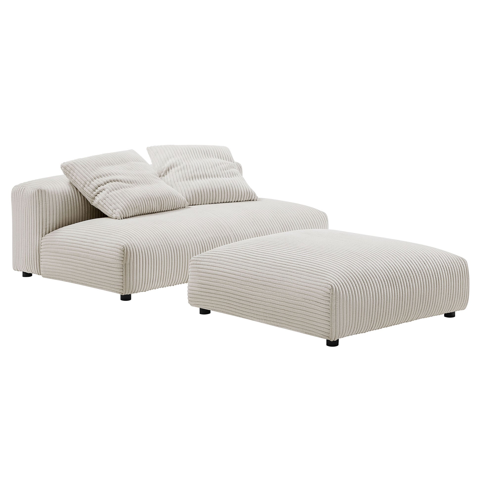 Beige striped modular armless loveseat and ottoman set in corduroy fabric, with two matching cushions.
