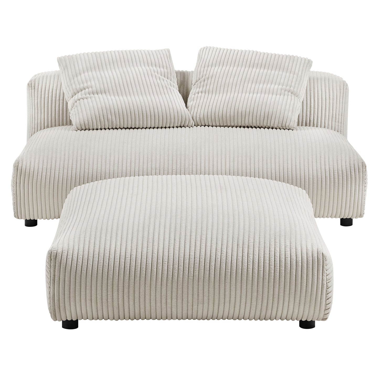 Brown corduroy modular armless loveseat and ottoman set, ribbed fabric, two cushions, low black legs.