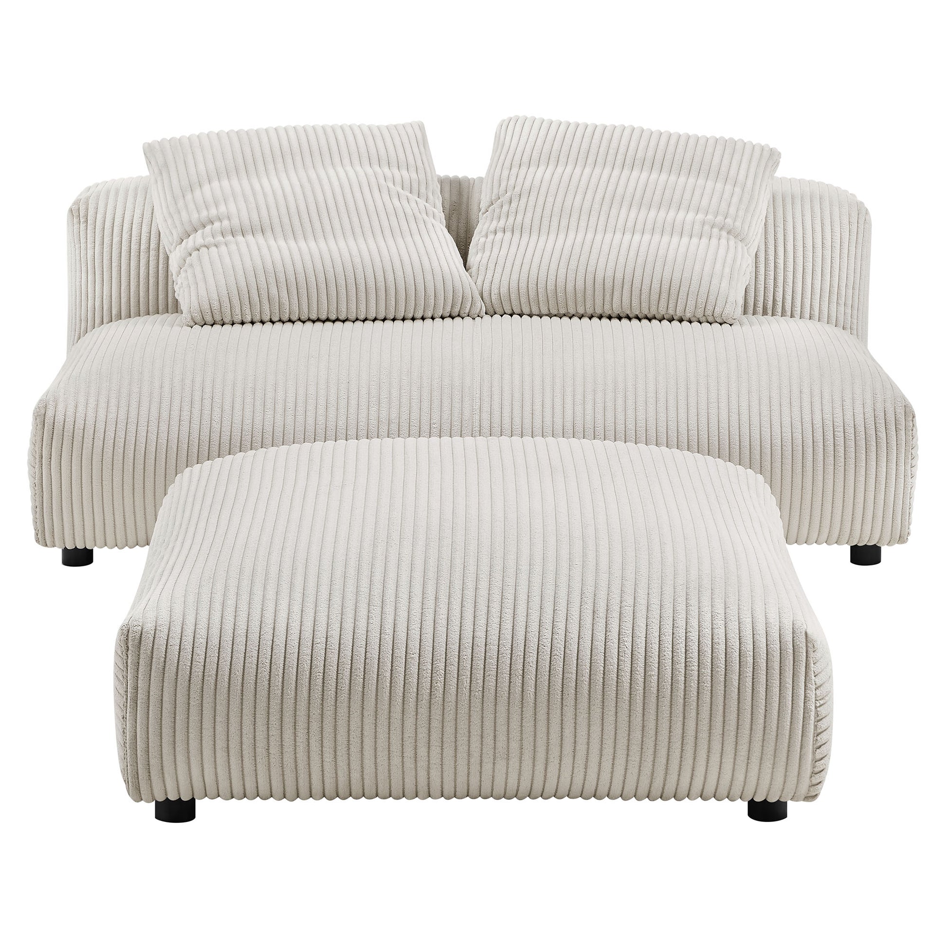 Brown corduroy modular armless loveseat and ottoman set, ribbed fabric, two cushions, low black legs.