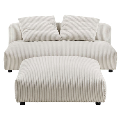 Brown corduroy modular armless loveseat and ottoman set, ribbed fabric, two cushions, low black legs.