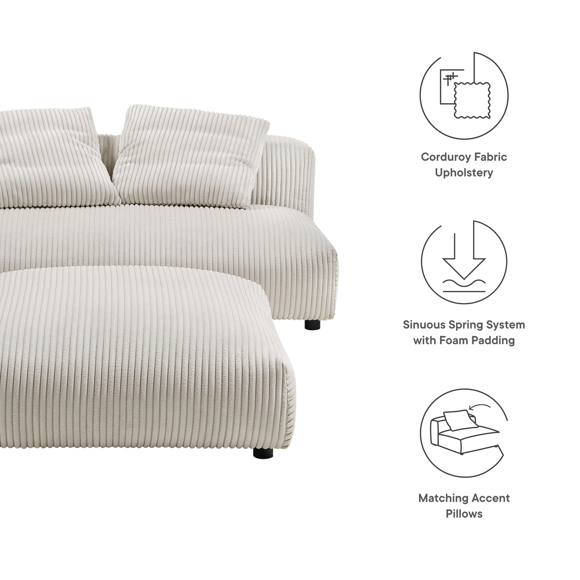 Almond beige corduroy upholstered armless loveseat and ottoman set with a foam-padded sinuous spring system.