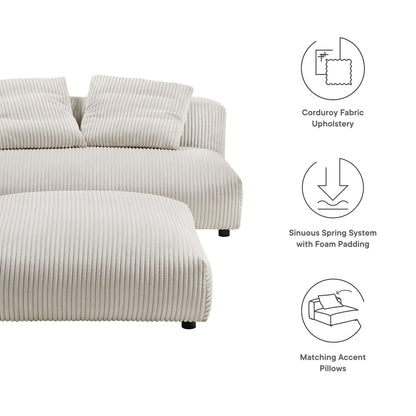Almond beige corduroy upholstered armless loveseat and ottoman set with a foam-padded sinuous spring system.
