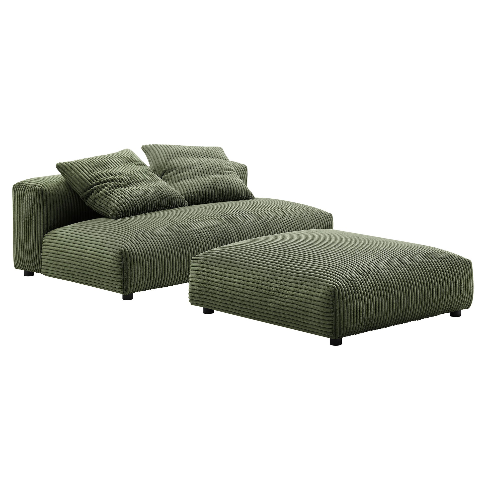 Olive green corduroy modular armless loveseat and ottoman.